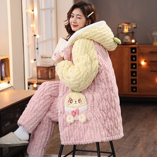 三层夹棉加绒加厚珊瑚绒睡衣女冬季保暖连帽卡通中长款家居服套装