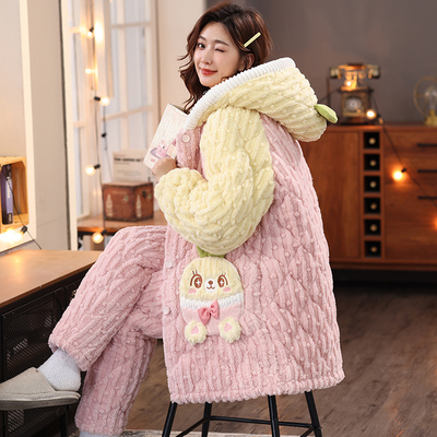 三层夹棉加绒加厚珊瑚绒睡衣女冬季保暖连帽卡通中长款家居服套装