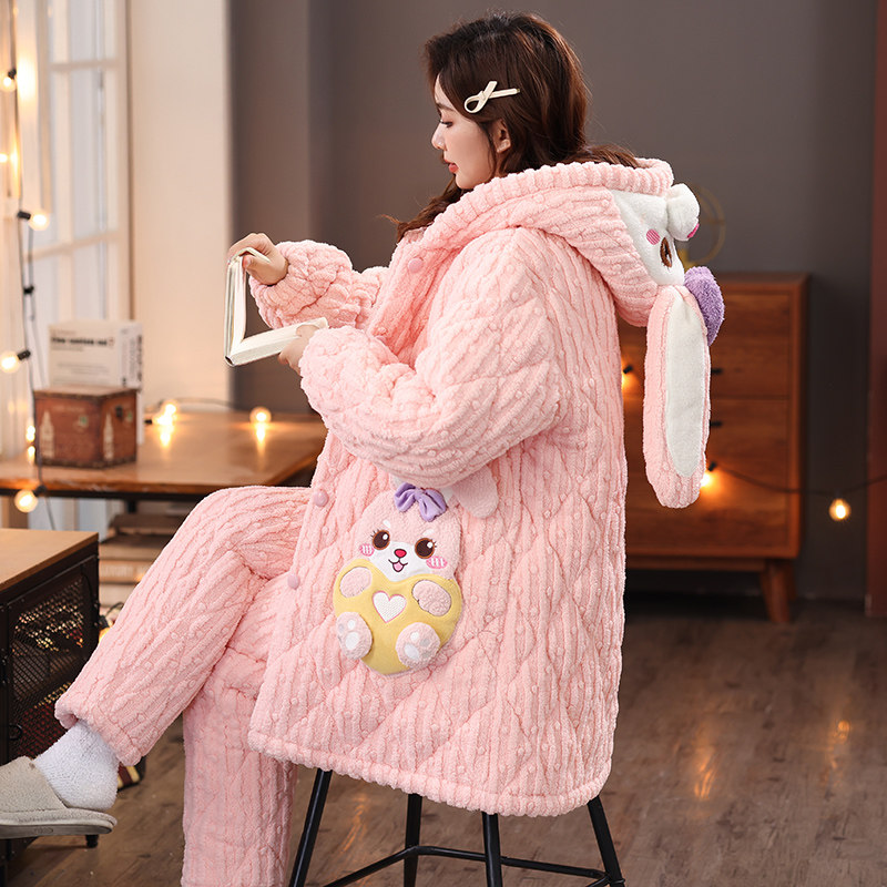 三层夹棉加绒加厚珊瑚绒睡衣女冬季保暖卡通中长款连帽家居服套装