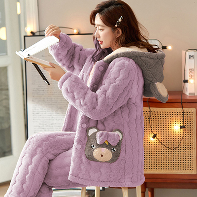 珊瑚绒睡衣女冬季加绒加厚三层保暖夹棉袄法兰绒中长款家居服套装