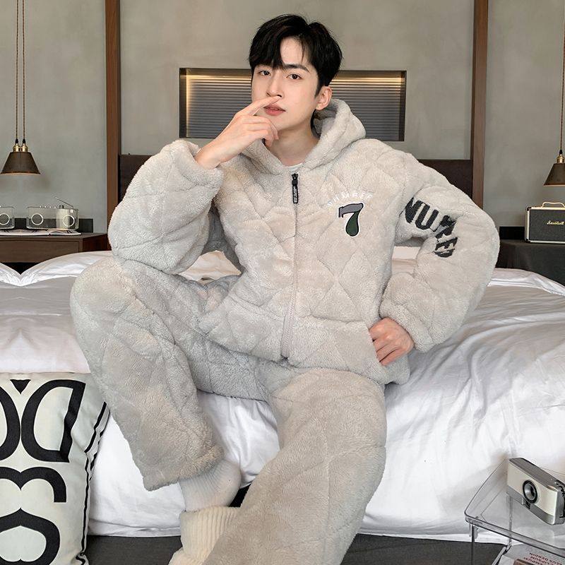 2025年睡衣男款冬季珊瑚绒加厚加绒三层夹棉保暖大码家居服秋冬款