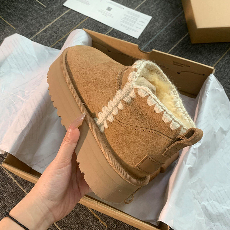 香港正品针织花边雪地靴女冬季羊皮毛一体厚底加绒加厚保暖棉靴子