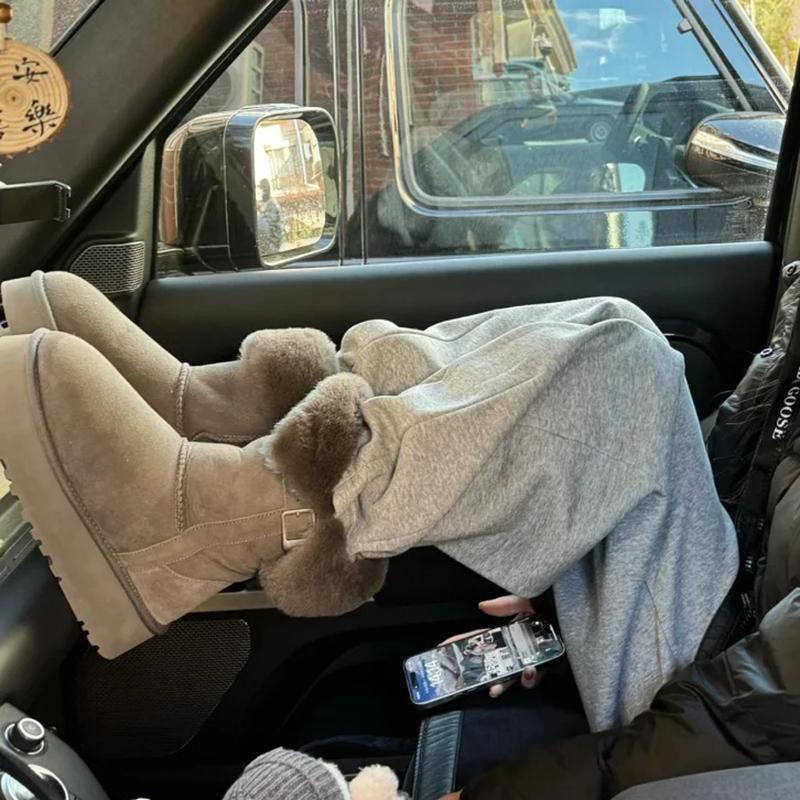 桑坡村羊皮毛一体厚底中筒雪地靴女2025新款冬季加绒保暖东北棉靴