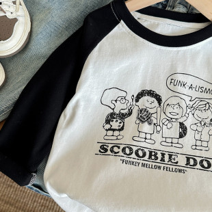 卡通动漫男童t恤韩版卡通印花长袖T恤男女童百搭休闲上衣黑白色