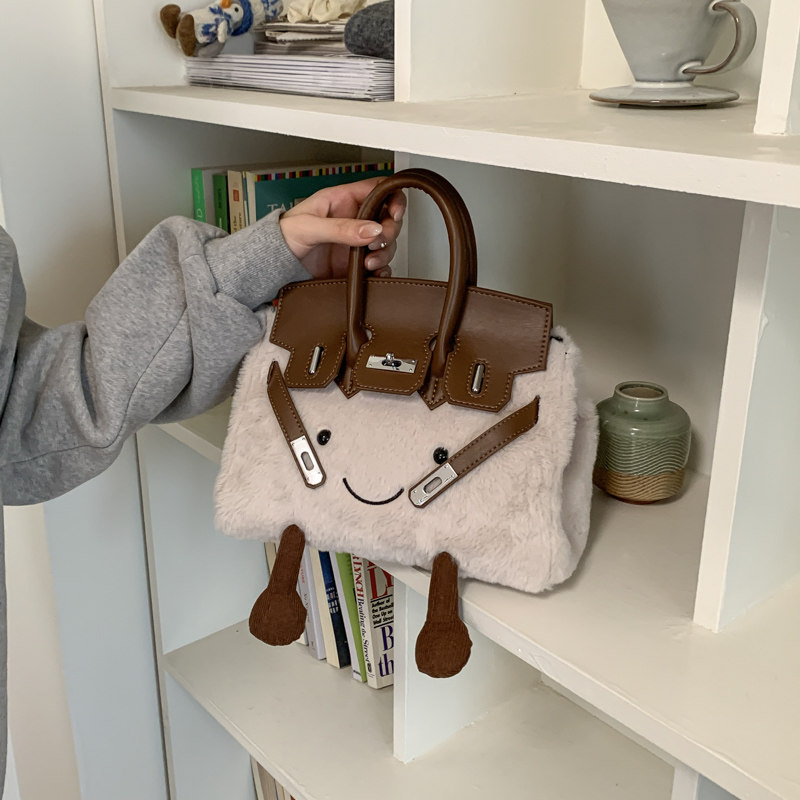 韩版卡通笑脸毛绒手提包女可爱微笑单肩铂金包个性创意童趣凯莉包,箱包皮具/热销女包/男包,托特包,淘宝优惠券,粉丝福利购,淘宝优惠卷