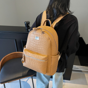 港风潮牌石头纹双肩包大容量质感压花背包学生书包通勤皮质电脑包