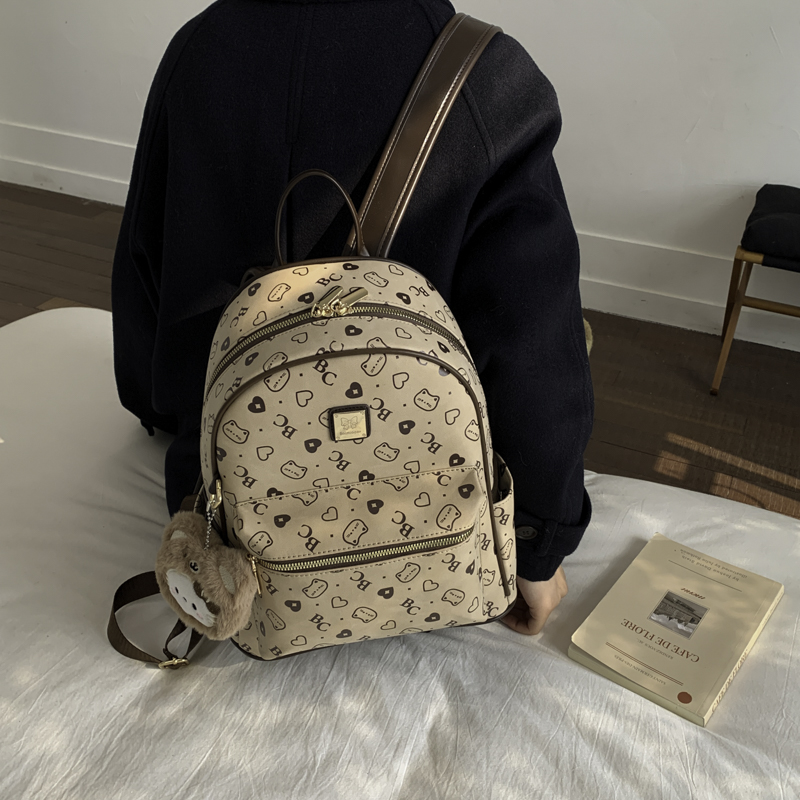 韩版洋气卡通双肩背包女大学生上课少女感书包可爱猫咪印花旅游包