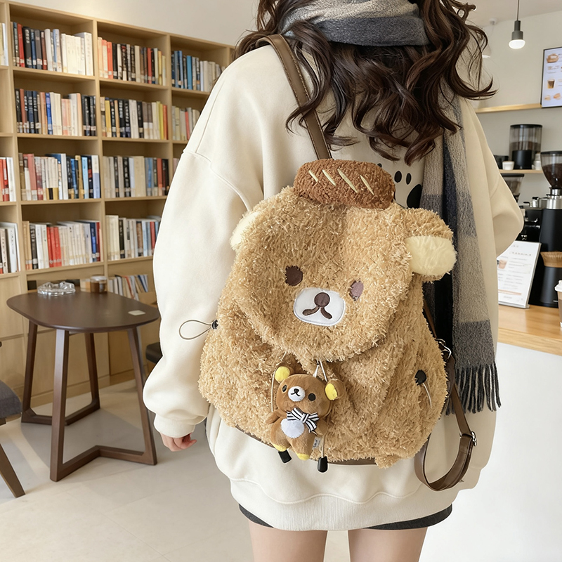 可爱卡通呆萌小熊双肩包女百搭少女心毛毛背包亲子毛绒学生小书包