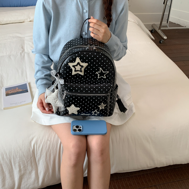 可爱波点星星双肩包女高级感小众学生党书包韩版黑色外出旅游背包图片