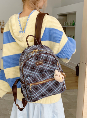 韩国小众设计蓝色格纹星星双肩包女学院风书包少女感休闲旅行背包