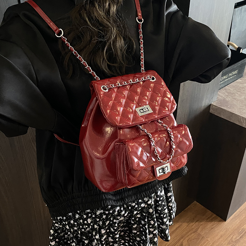 韩版小香风绣线链条双肩包高颜值红色新娘背包女生百搭手机小书包