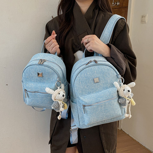 ZBBV少女风牛仔蓝双肩包女2026新款百搭轻便大容量学院风背包