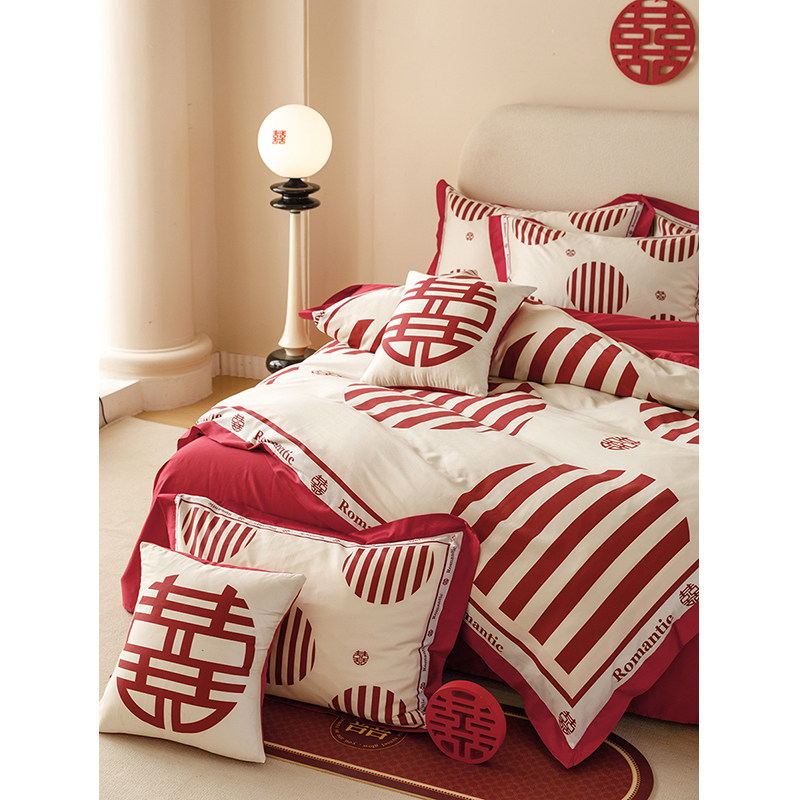 简约新中式婚庆四件套纯棉100S红色全棉陪嫁喜被结婚被套床上用品,床上用品,婚庆床品套件,淘宝优惠券,粉丝福利购,淘宝优惠卷