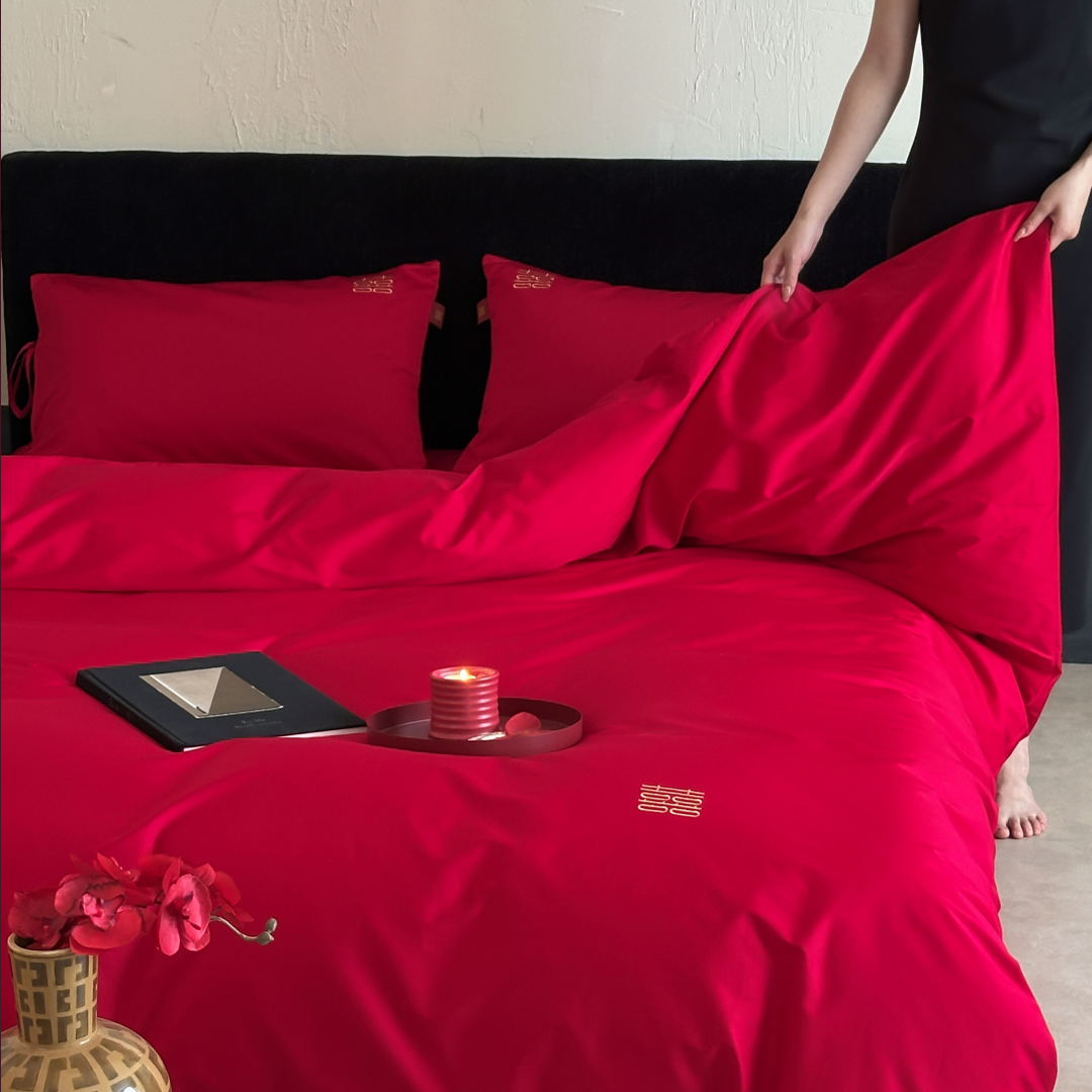 简约双喜刺绣100全棉婚庆四件套纯棉大红色被套床笠结婚陪嫁床品4