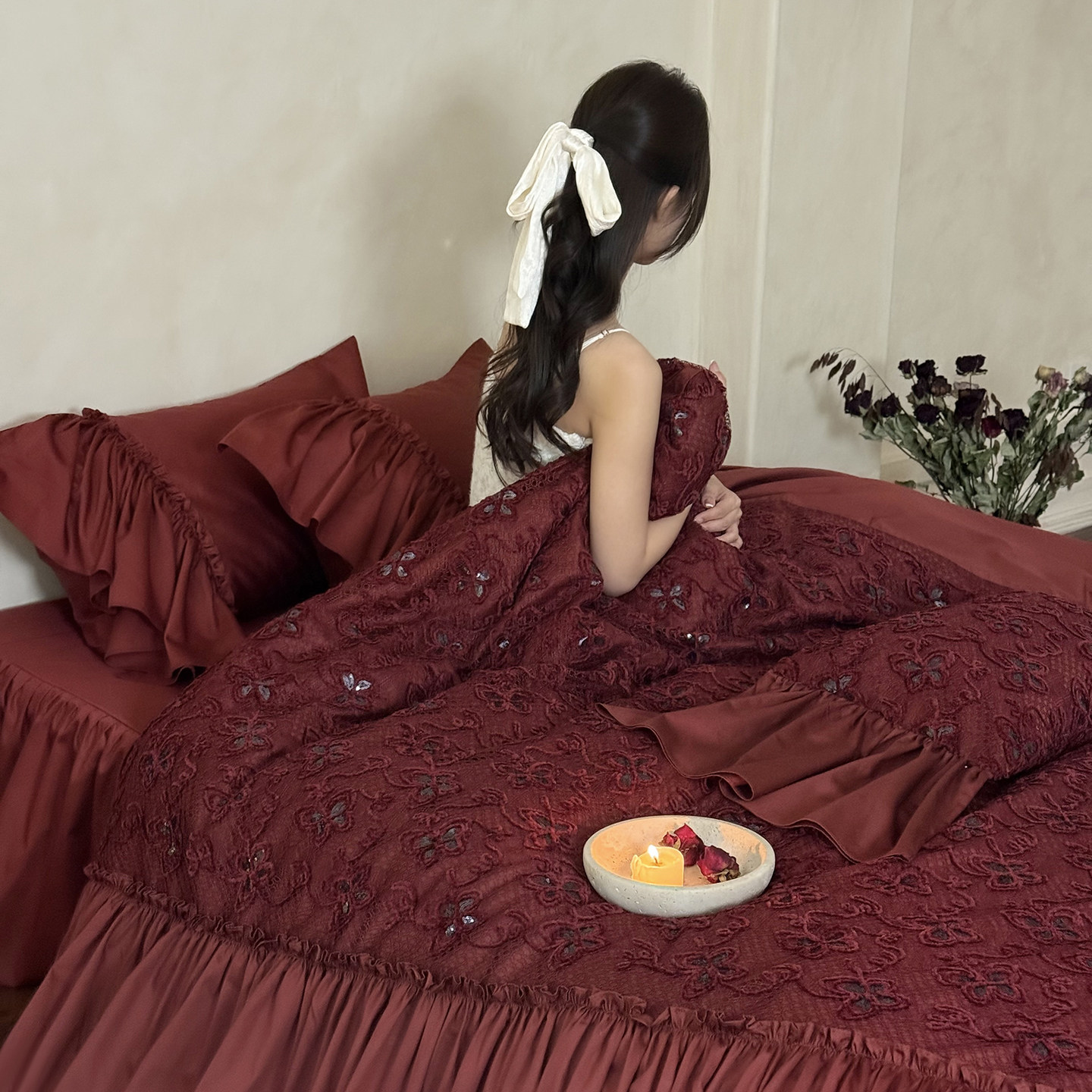 浪漫微熏法式全棉结婚四件套镂空刺绣纯棉红色喜被套床裙婚庆床品