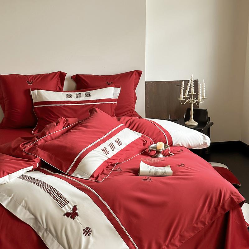 新中式婚庆100S澳棉全棉四件套红色纯棉双喜蝴蝶刺绣被套床上用品