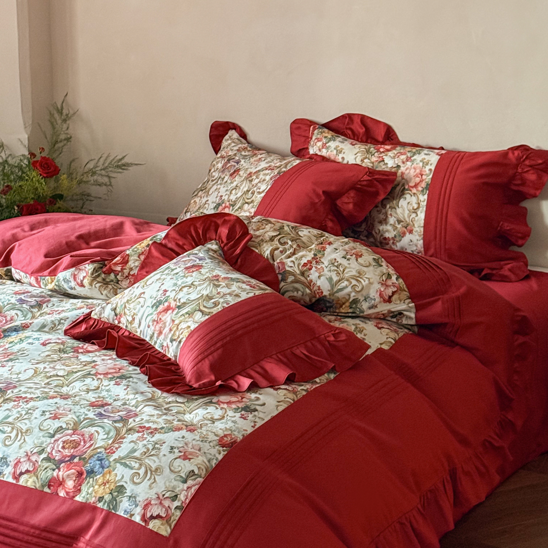 法式复古花卉100全棉婚庆四件套红色结婚荷叶边纯棉印花被套床品4,床上用品,婚庆床品套件,淘宝优惠券,粉丝福利购,淘宝优惠卷
