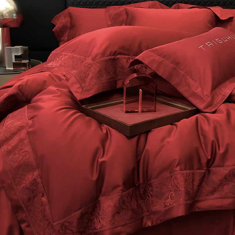 高级感轻奢100S长绒棉全棉结婚四件套纯棉镂空喜红被套新婚庆床品