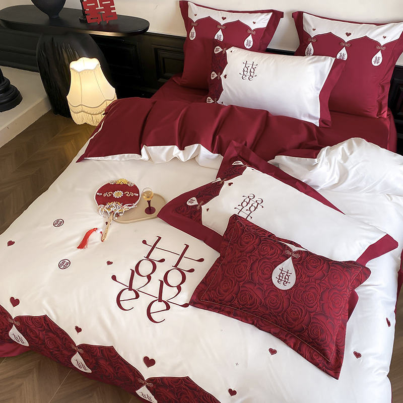 浪漫爱心100S全棉婚庆四件套红色玫瑰双喜字刺绣结婚纯棉被套床品