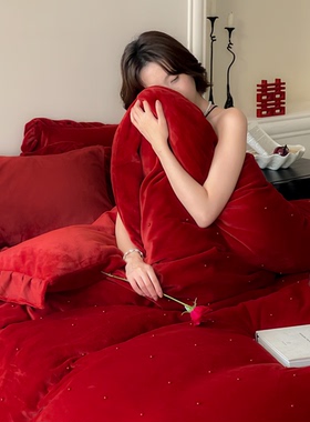 浪漫公主风冬季牛奶绒结婚四件套婚庆红色荷叶花边珊瑚绒被套床笠