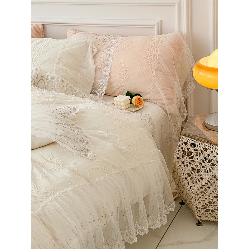 公主风牛奶绒四件套冬季加厚珊瑚绒床上用品蕾丝法兰绒面被套床单