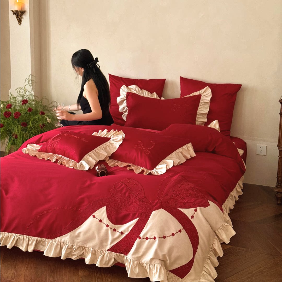 法式少女心100S长绒棉全棉婚庆四件套浪漫蝴蝶结刺绣纯棉结婚床品