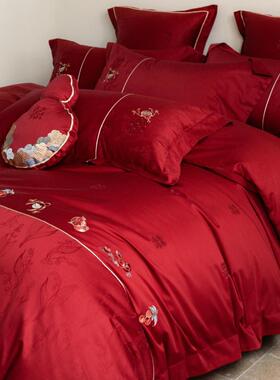 高端100S婚庆纯棉四件套全棉结婚房喜字被套床笠红色新婚陪嫁床品