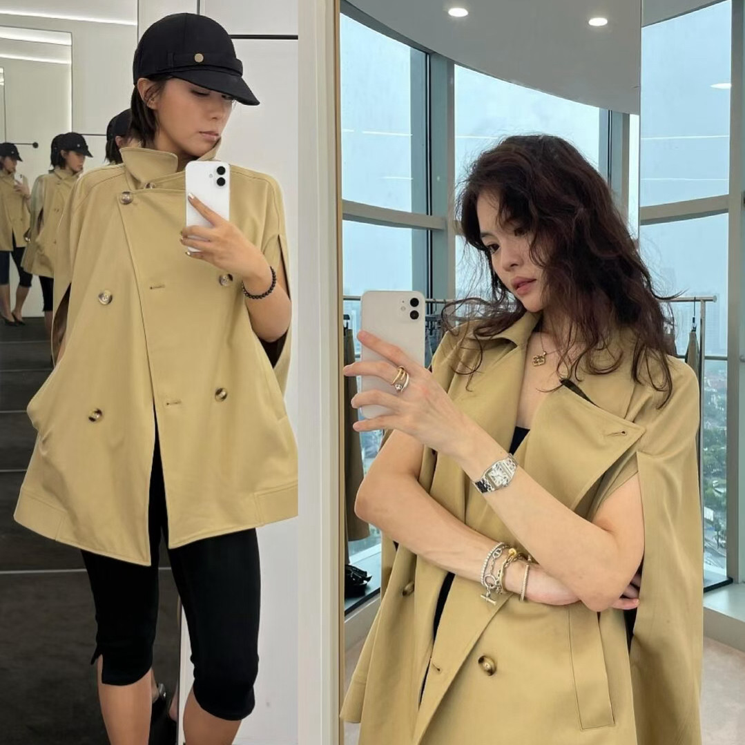 allawell 原厂货源 甄选莫代尔桑蚕丝斗篷风衣 双排扣卡其女外套