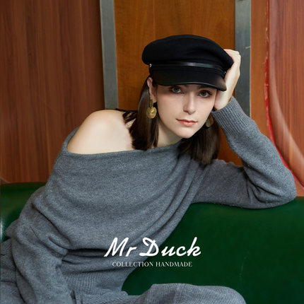 mrduck定制面料软糯羊毛平顶鸭舌帽贝雷帽女士新款大牌报童帽春秋