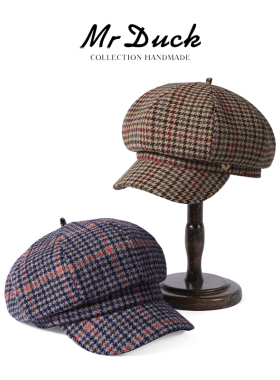 mrduck法式复古报童帽 高品质初剪羊毛千鸟格彩纱互织八角帽女