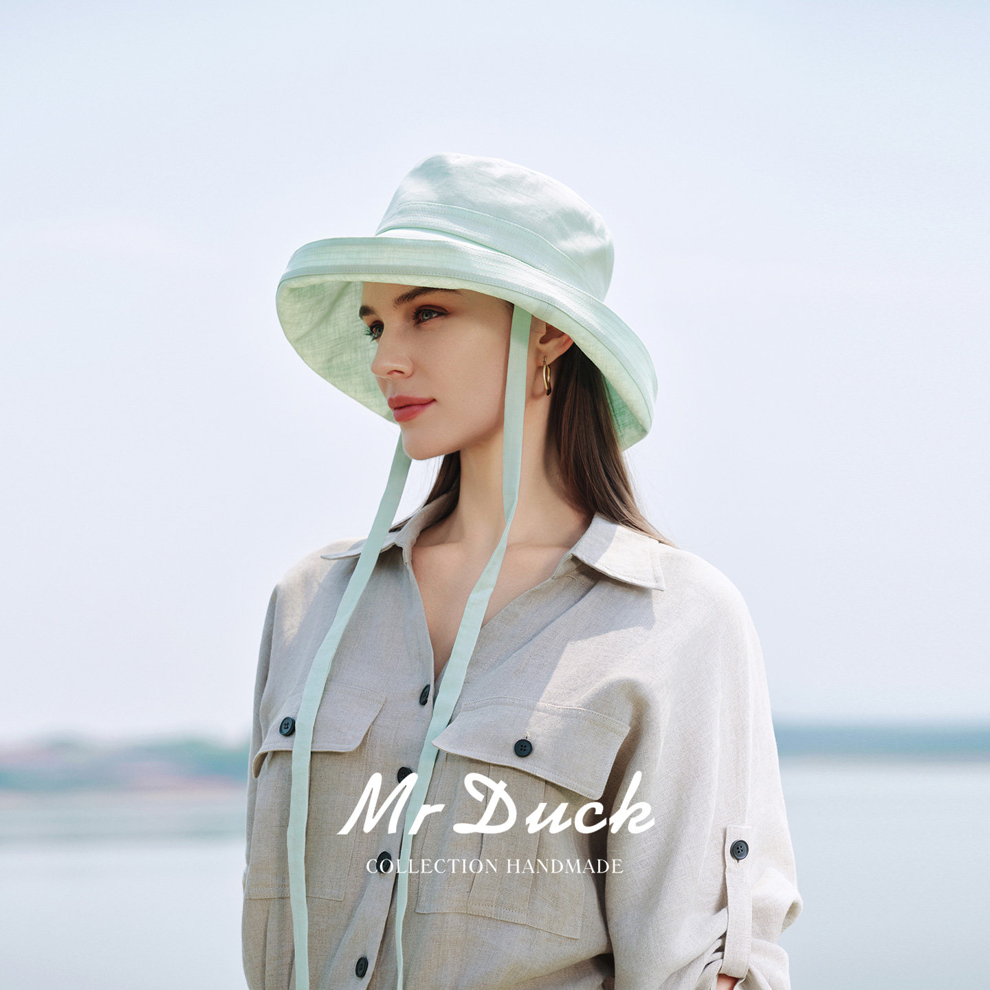 mrduck山海 进口亚麻老钱度假风渔夫盆帽女遮阳防晒帽显脸小夏季