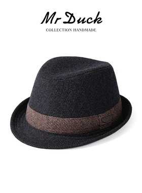 mrduck百搭细条纹毛呢帽子男短檐绅士礼帽秋冬休闲爵士帽大小头围