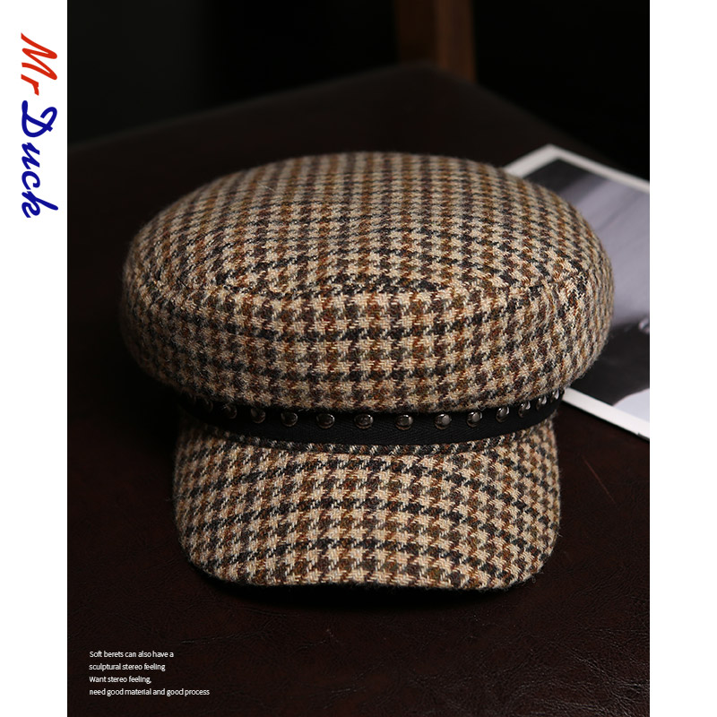 100%羊毛千鸟格贝雷帽减龄百搭