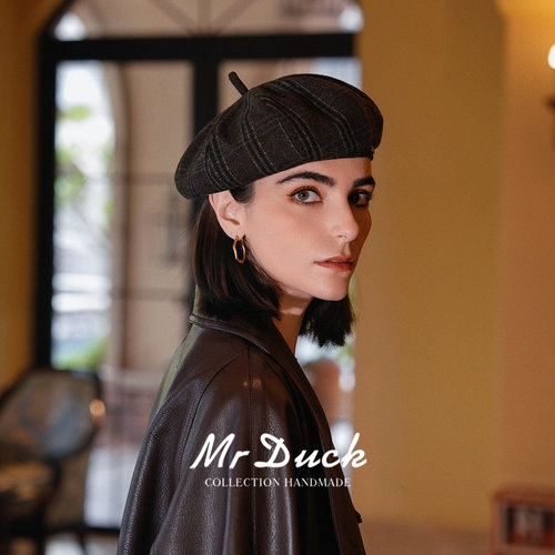 mrduck复古优雅英式窗格贝雷帽女