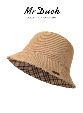 mrduck25秋冬新款 复古灯芯绒+绒面格纹双面戴渔夫帽盆帽百搭女冬