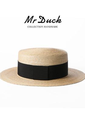 mrduck明星款轻奢特细手编麦秆草帽春夏女法式平顶礼帽遮太阳帽子