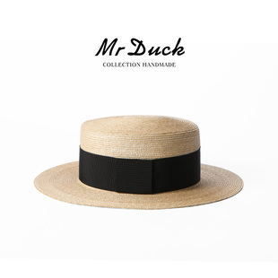 mrduck明星款 平顶礼帽遮太阳帽子 轻奢特细手编麦秆草帽春夏女法式