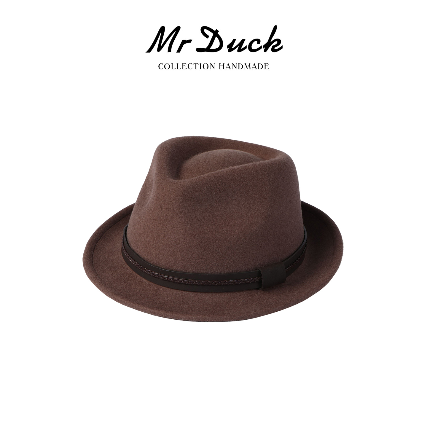 mrduck手工制英伦羊毛爵士礼帽男士 小牛皮织带藏族毡帽 秋冬帽子