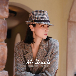 mrduck爱丁堡 复古千鸟格纹纯羊毛礼帽女 秋冬搭配大衣显大头帽子