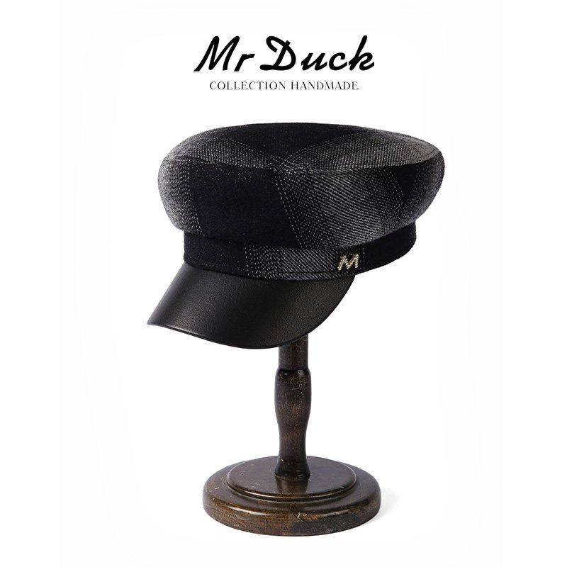 复古气质粗花呢拼绵羊皮报童帽