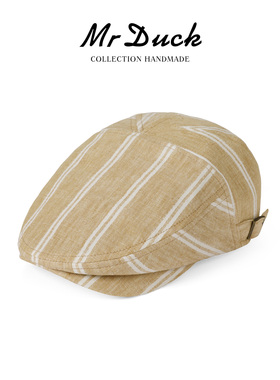 mrduck 常春藤 轻奢感老钱风条纹鸭舌帽子女 肌理亚麻前进帽秋冬
