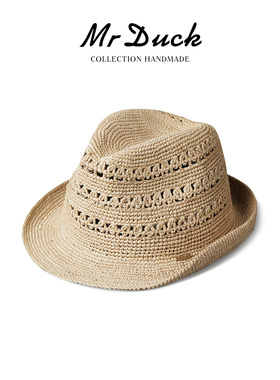 mrduck进口拉菲草帽子男夏天镂空防晒草帽遮阳帽男女款卷边小礼帽