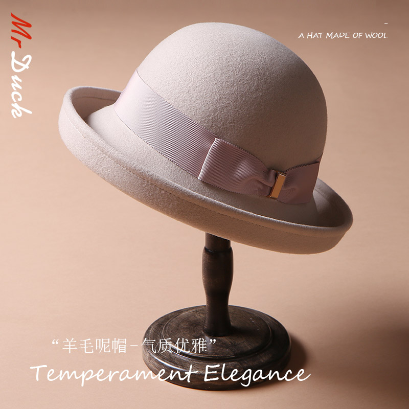 mrduck羊毛卷边呢子优雅圆顶帽