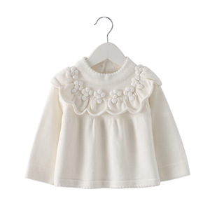 韩版童装2026春季新款女童纯棉线白色花朵毛衣针织衫婴儿公主上衣