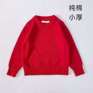韩版童装男童红色毛衣纯棉线针织衫婴儿纯色打底内搭圆领套头新年