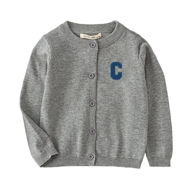 韩版秋季男童婴儿灰色刺绣针织开衫天蓝色外套紫色薄款毛衣纯棉线