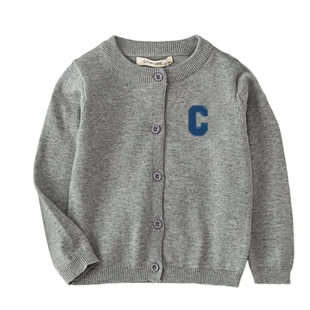 韩版秋季男童婴儿灰色刺绣针织开衫天蓝色外套紫色薄款毛衣纯棉线