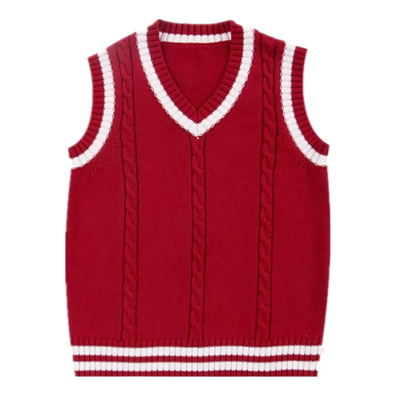 韩版ins男女小中大童V领纯棉线学院风针织毛背心酒红色毛衣校服秋