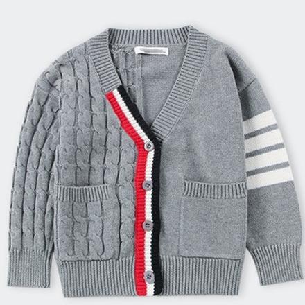韩国ins男童婴儿学院风灰色毛衣开衫口袋男孩潮流V领麻花加厚外套