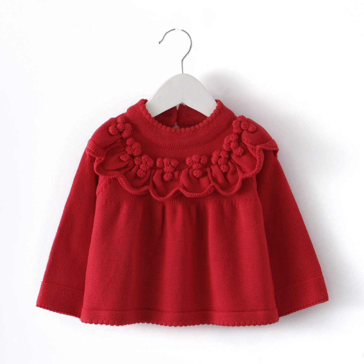 韩版童装2026秋冬女童纯棉线红色花朵毛衣针织衫婴儿公主上衣新年